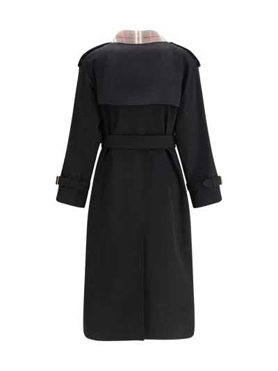 Burberry Women Castleford Long Trench Coat With Check Collar In Black