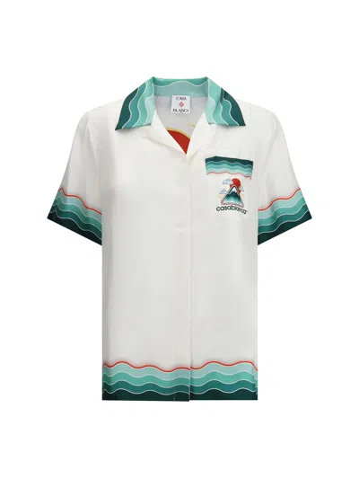 Casablanca White Montagne Ondulee Silk Short Sleeve Shirt In White