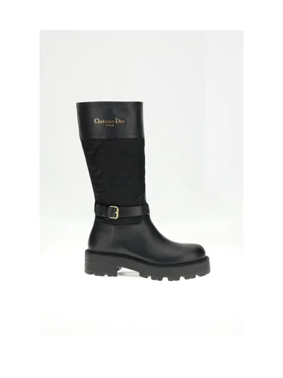 Dior Women D-town Leather And Technical Fabric With Cannage Motif Boots In Black