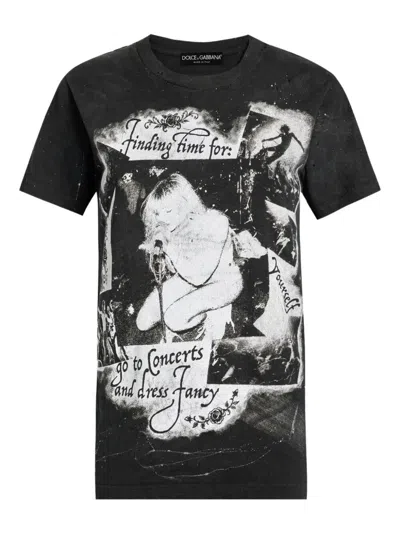 Dolce & Gabbana Graphic Print Cotton T-shirt With Ribbed Neck In Black