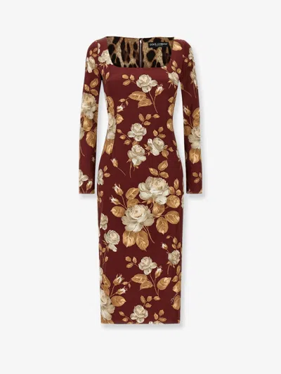 Dolce & Gabbana Rose Print Midi Dress With A Square Neckline In Brown