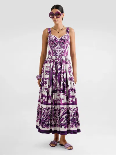 Dolce & Gabbana Women Violet Long Dress With Sweetheart Neckline And All-over Geometric Print In Cot In Purple