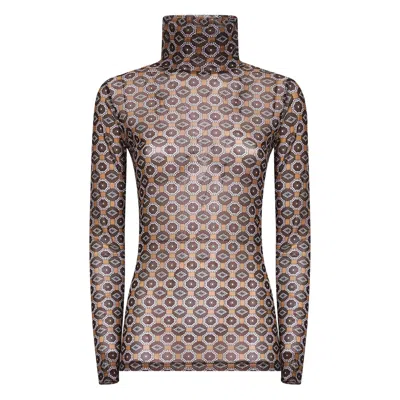 Dries Van Noten Crystal-embellished Printed Stretch-mesh Turtleneck Top In Brown