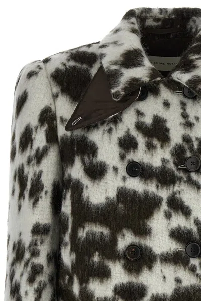Dries Van Noten Animal Print Double Breasted Long Sleeve Coat In Gray