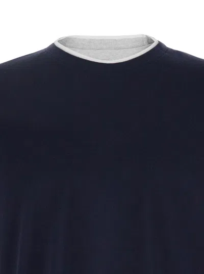 Eleventy Men Black Crewneck T-shirt With Layered Collar In Cotton Man In Blue