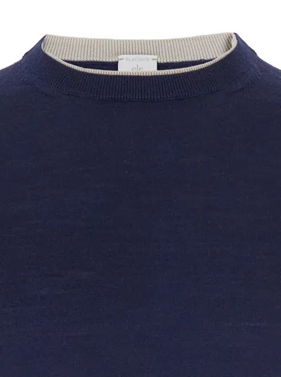 Eleventy Men Blue Crewneck Sweater In Wool And Silk Man In Blue