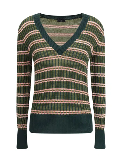Etro Women Striped Wool Sweater In Green