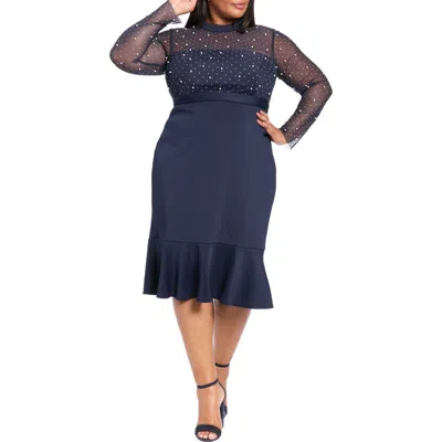 London Times Plus Size Beaded Illusion Mock-neck Midi Dress In Blue
