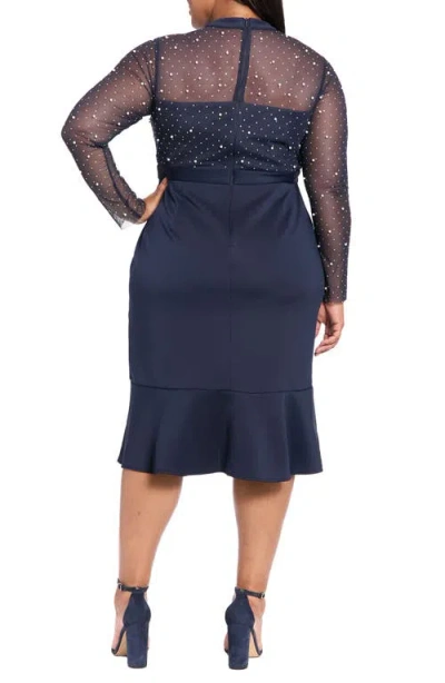 London Times Plus Size Beaded Illusion Mock-neck Midi Dress In Blue