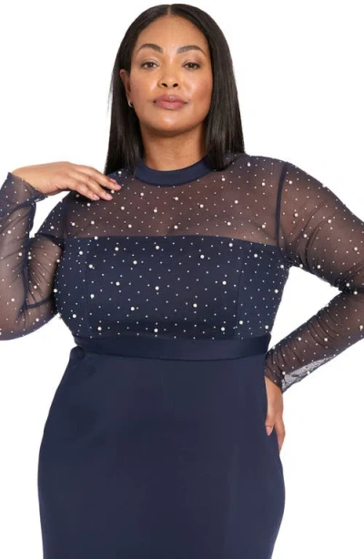 London Times Plus Size Beaded Illusion Mock-neck Midi Dress In Blue
