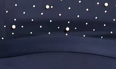 London Times Plus Size Beaded Illusion Mock-neck Midi Dress In Blue