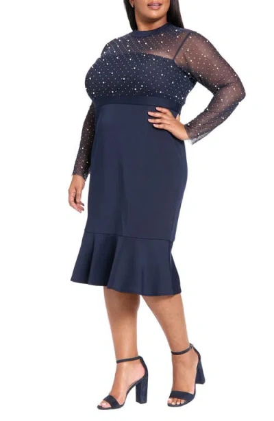 London Times Plus Size Beaded Illusion Mock-neck Midi Dress In Blue