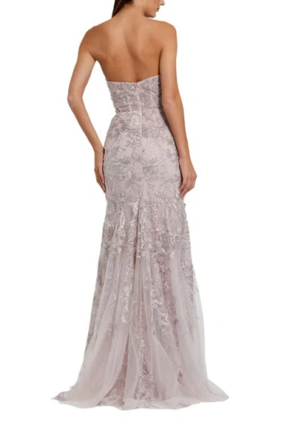 Mac Duggal Strapless Beaded Applique Mermaid Gown With Flower In Gray