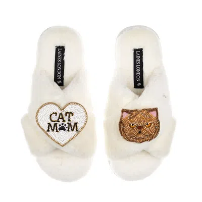 Laines London Women's Neutrals / White Classic Laines Slippers With Cat Mum/mom & Ginger Persian Cat Brooches - Cr In White