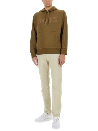 Hugo Boss Logo-plaque Straight-leg Trousers In Neutral