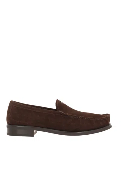 Prada Suede Loafers With Round Toe And Stitching In Brown