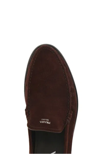Prada Suede Loafers With Round Toe And Stitching In Brown