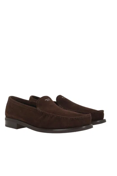 Prada Suede Loafers With Round Toe And Stitching In Brown