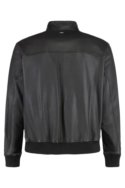 Hugo Boss Stylish Leather Outerwear High Collar In Black