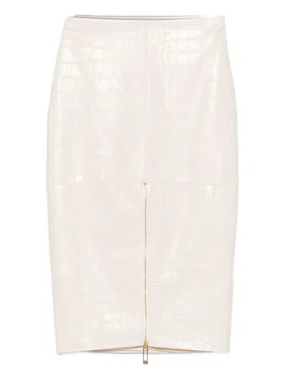 Elisabetta Franchi Crocodile-effect Zip-front Skirt In Neutral
