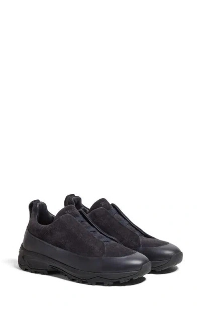 Zegna Navy Blue Leather And Suede Triple Stitch Monte Sneakers
