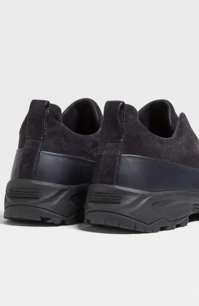 Zegna Navy Blue Leather And Suede Triple Stitch Monte Sneakers