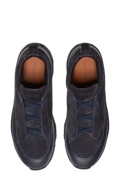 Zegna Navy Blue Leather And Suede Triple Stitch Monte Sneakers