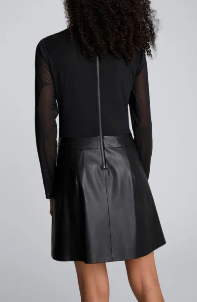 Kenneth Cole Jodie Long Sleeve Mixed Media Faux Leather Minidress In Black