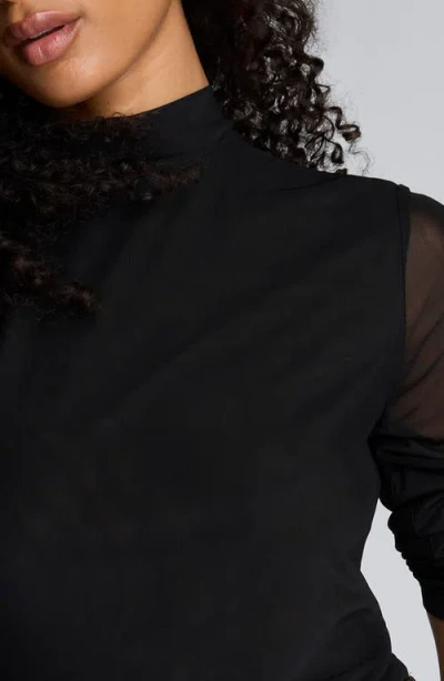 Kenneth Cole Jodie Long Sleeve Mixed Media Faux Leather Minidress In Black