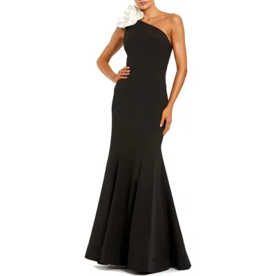 Mac Duggal Crepe One Shoulder Mermaid With 3d Flower Gown In Black