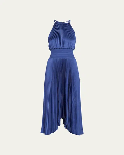 A.l.c Renzo Ii Satin Pleated High-neck Midi Dress In Blue