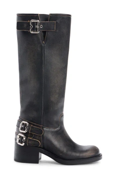 Chloé Dakota Burnished Leather Knee-high Moto Boots In Black