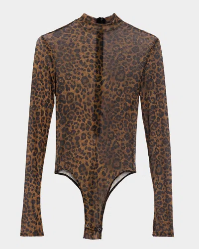 Lapointe Leopard-print Mesh Bodysuit In Brown