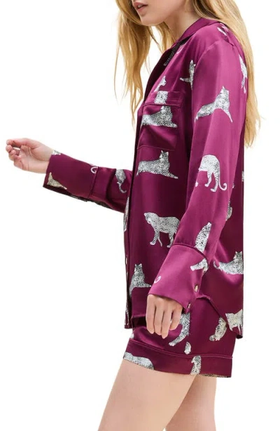 Petite Plume Panthre De Nuit Piped Silk Satin Short Pajamas In Red