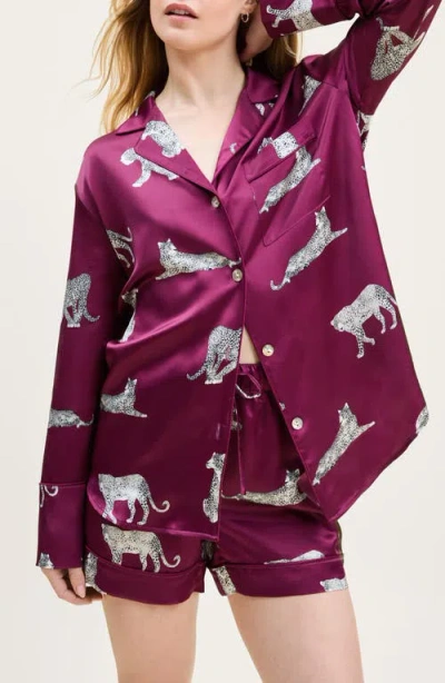 Petite Plume Panthre De Nuit Piped Silk Satin Short Pajamas In Red