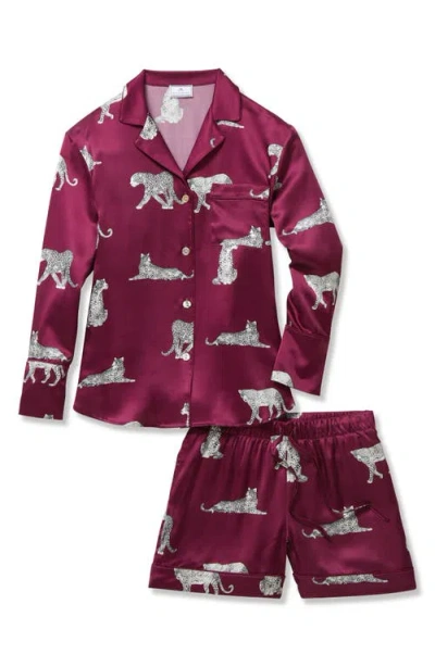 Petite Plume Panthre De Nuit Piped Silk Satin Short Pajamas In Red