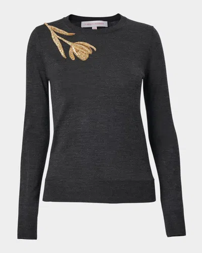Carolina Herrera Tulip Embellished Wool-silk Sweater In Gray