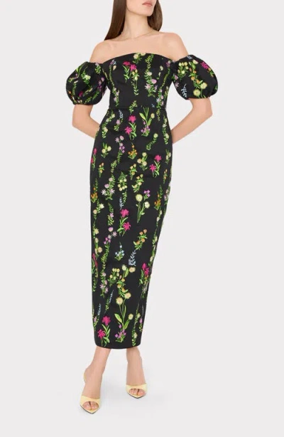 Milly Nira Bloom Embroidery Off The Shoulder Dress In Black