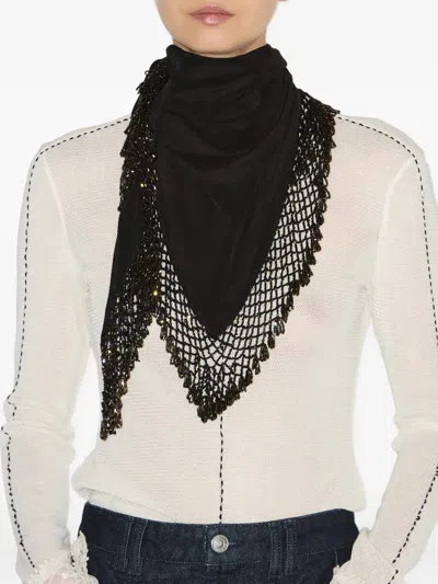 Isabel Marant Ezane Bead-embellished Silk-crepe And Open-knit Scarf In Black