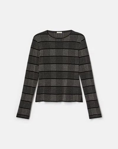 Lafayette 148 Metallic Check Stripe Crewneck Sweater In Black