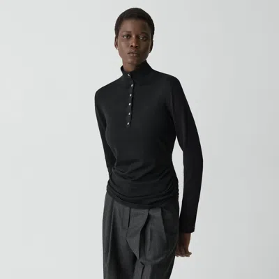 Theory Shirred Henley Sweater In Regal Wool In Black