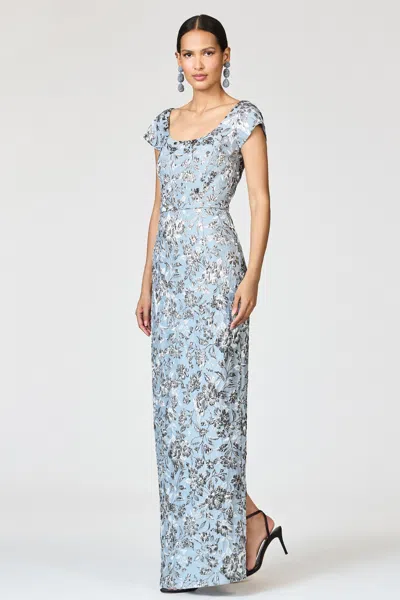 Sachin & Babi Metallic Floral Cloque Column Gown In Blue