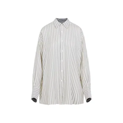 Carven Off-white Silk Shirt With Vertical Grey Stripes And Pointed Collar In White