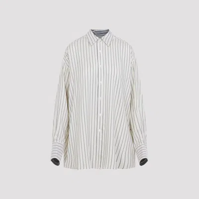 Carven Off-white Silk Shirt With Vertical Grey Stripes And Pointed Collar In White