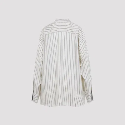 Carven Off-white Silk Shirt With Vertical Grey Stripes And Pointed Collar In White