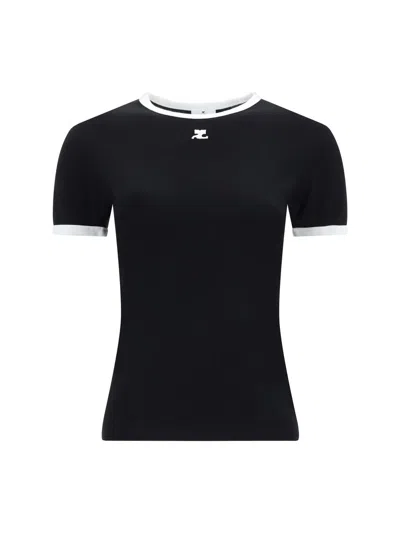Courrèges Fitted Black T-shirt With Contrasting Trim And Embroidered Logo In Black