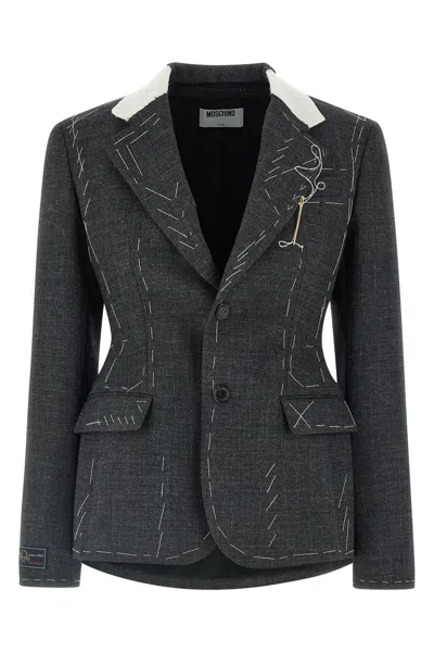 Moschino Embroidered Wool Canvas Jacket With Notch Lapel In Gray