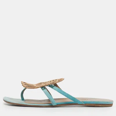 Pre-owned Hermes Blue/brown Suede Nautilus Thong Slides Size 39