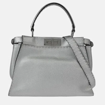 Pre-owned Fendi Silver Leather Peekaboo 2way Handbag