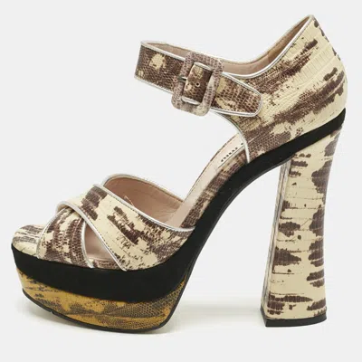 Pre-owned Miu Miu Multicolor Lizard Embossed Leather Crisscrss Ankle Strap Sandals Size 38